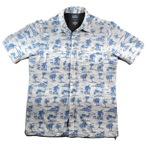 Croft & Barrow Quick Dry Shirt Mens Small Tropical Print White‎ Blue Fish - Picture 1 of 8